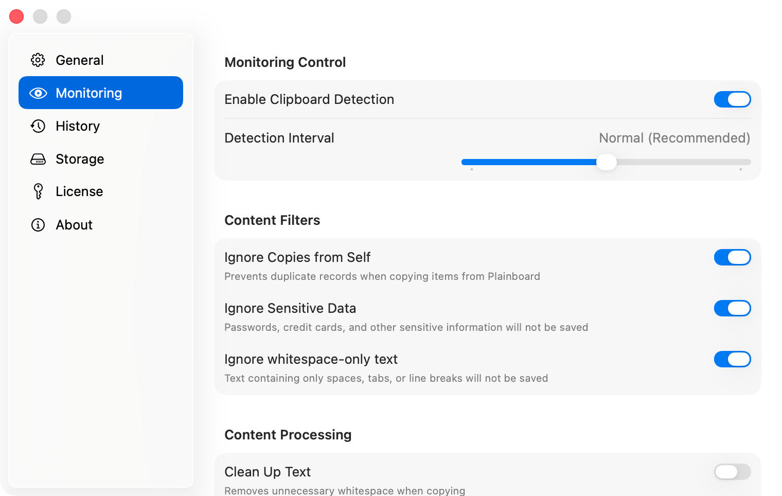 Plainboard Monitoring settings with Ignore Sensitive Data turned on